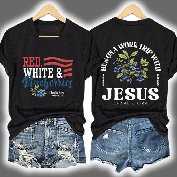 Retro Red White Blueberries Hes On A Work Trip With Jesus Charlie Kirk Print T Shirt 2