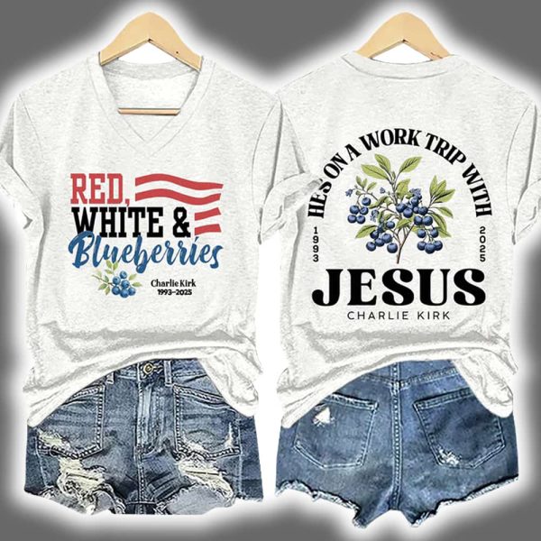 Retro Red White Blueberries Hes On A Work Trip With Jesus Charlie Kirk Print T Shirt 3