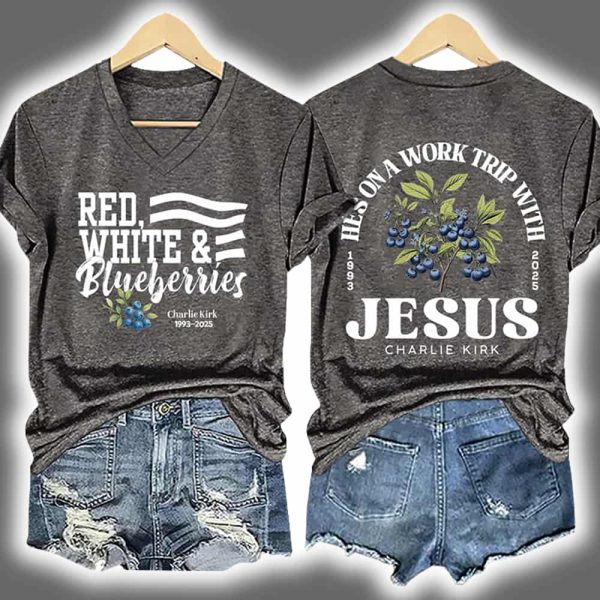 Retro Red White Blueberries Hes On A Work Trip With Jesus Charlie Kirk Print T Shirt 4