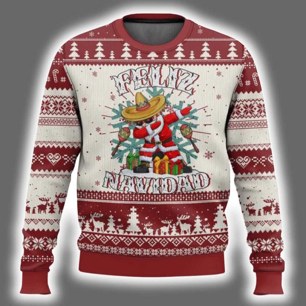 Santa Feliz Navidad Dabbing Spanish Sombrero Ugly Christmas Sweater 2
