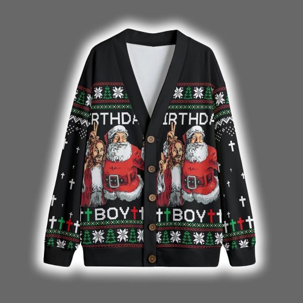 Santa Jesus Birthday Boy Funny Christmas Cardigan