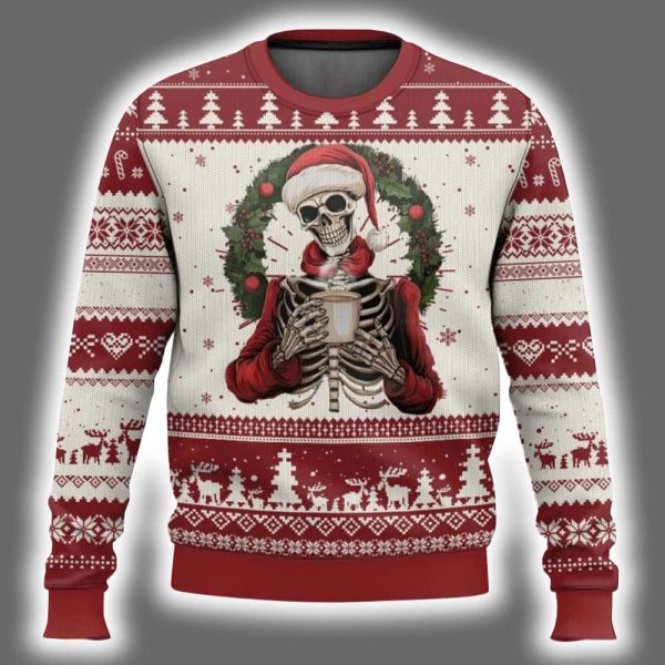 Skeleton Dead Inside But Caffeinated Coffee Lover Ugly Christmas Sweater 2