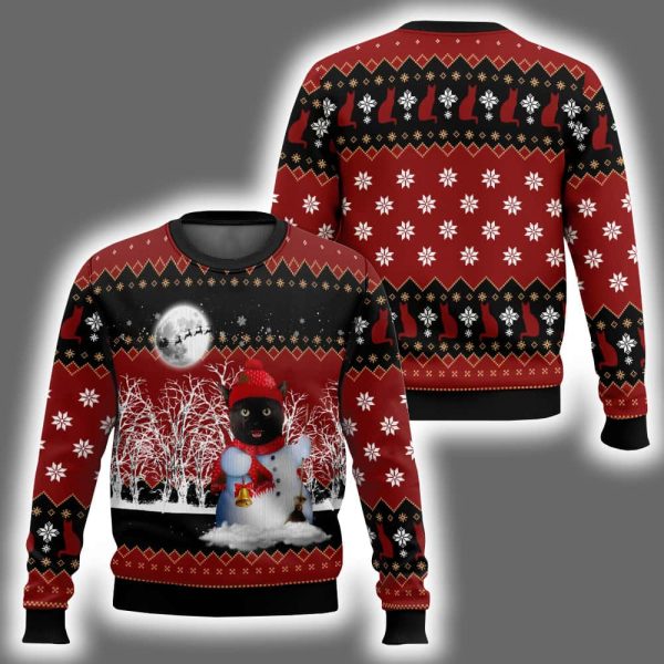 Snowman Black Cat Ugly Christmas Sweater