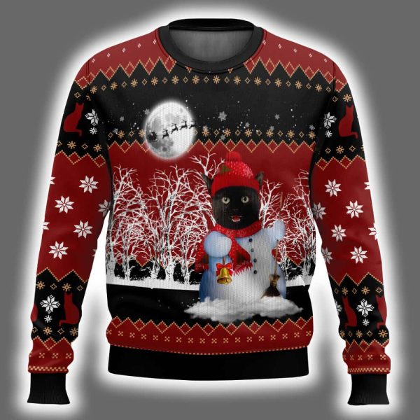Snowman Black Cat Ugly Christmas Sweater 2