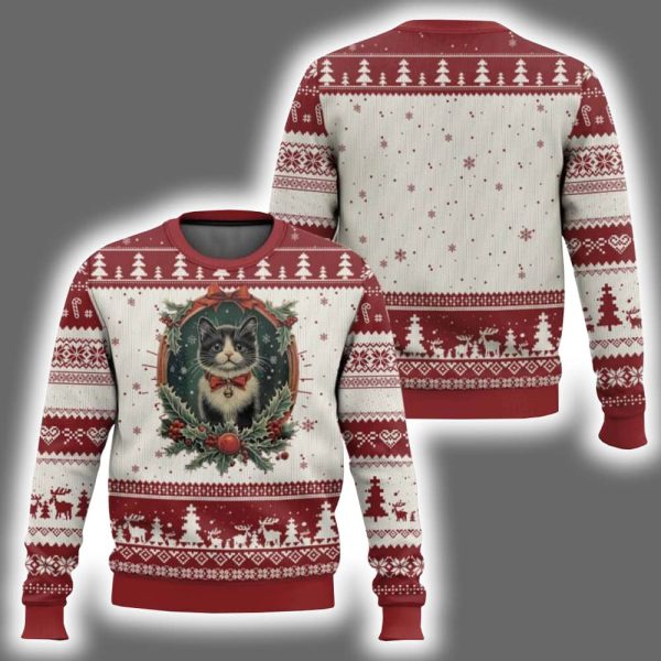 Vintage Kitten Royal Holly Victorian Wreath Ugly Christmas Sweater