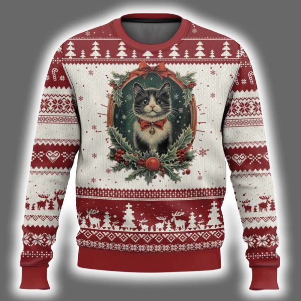 Vintage Kitten Royal Holly Victorian Wreath Ugly Christmas Sweater 2