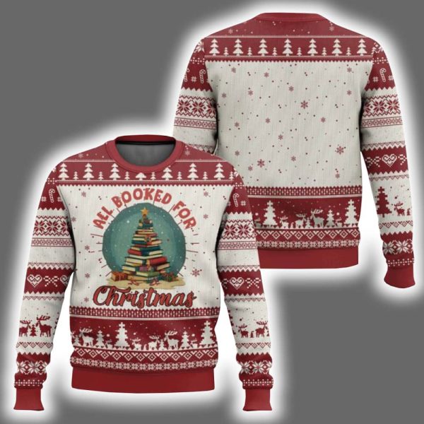 Xmas Book Lover All Booked For Christmas Tree Ugly Christmas Sweater