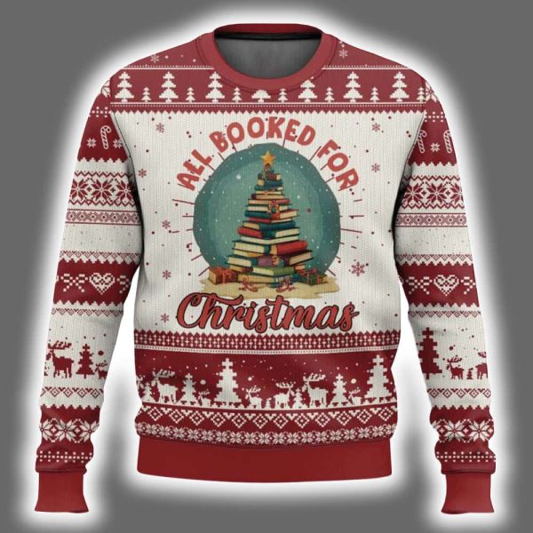 Xmas Book Lover All Booked For Christmas Tree Ugly Christmas Sweater 2