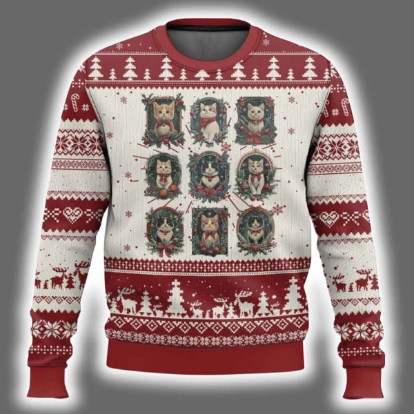 Xmas Cat Vintage Kitten Victorian Holly Wreath Ugly Christmas Sweater 2