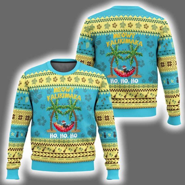 Xmas In Hawaii Meowy Kalikimaka Cat Chillin' Ho Ho Ho Palm Tree Ugly Christmas Sweater