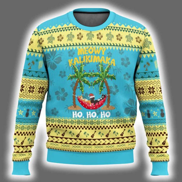 Xmas In Hawaii Meowy Kalikimaka Cat Chillin Ho Ho Ho Palm Tree Ugly Christmas Sweater 2