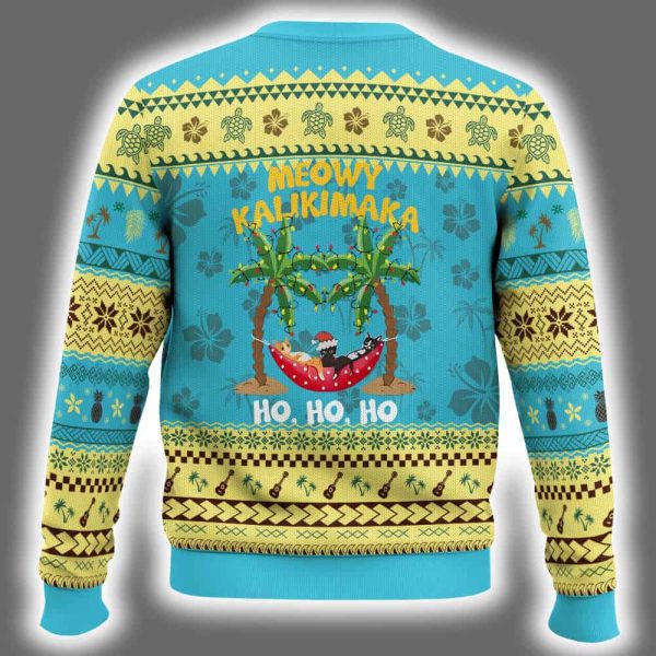 Xmas In Hawaii Meowy Kalikimaka Cat Chillin Ho Ho Ho Palm Tree Ugly Christmas Sweater 3