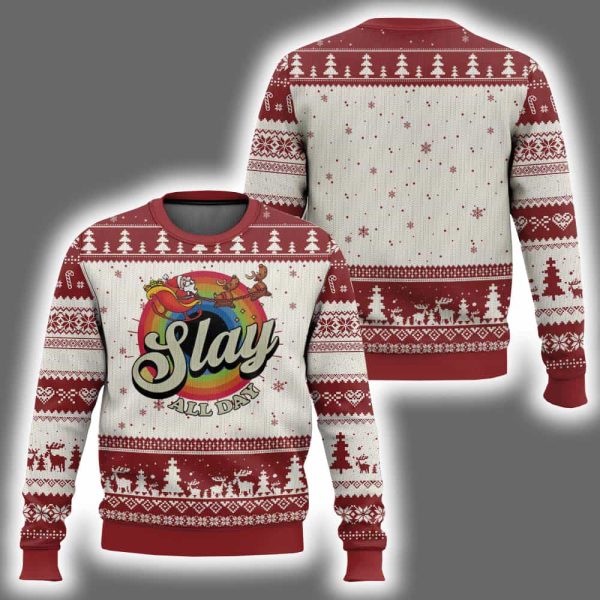 Xmas LGBT Slay All Day Sleigh Rainbow Ugly Christmas Sweater