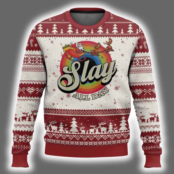 Xmas LGBT Slay All Day Sleigh Rainbow Ugly Christmas Sweater 2