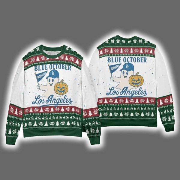 2025 Dodgers Blue October Ghost Ugly Christmas Sweater