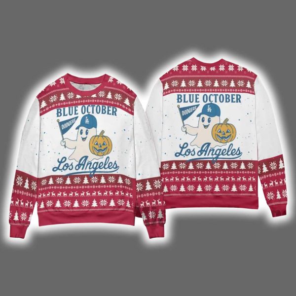 2025 Dodgers Blue October Ghost Ugly Christmas Sweater 2