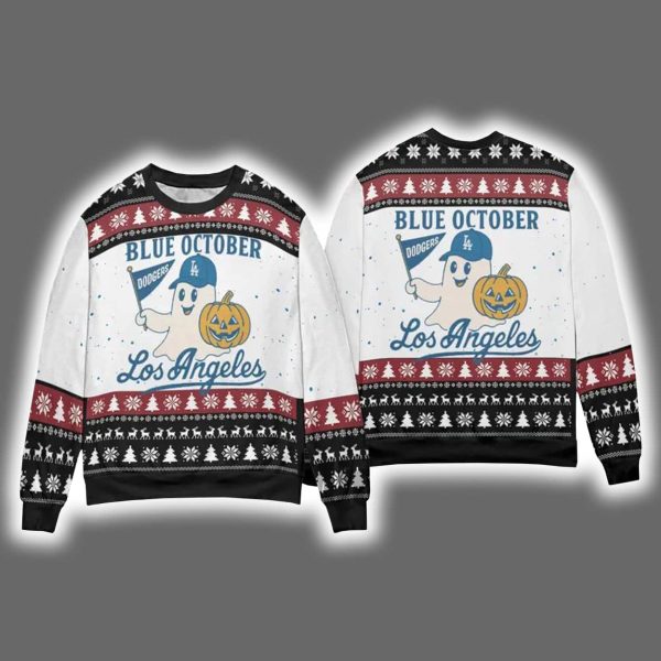 2025 Dodgers Blue October Ghost Ugly Christmas Sweater 3