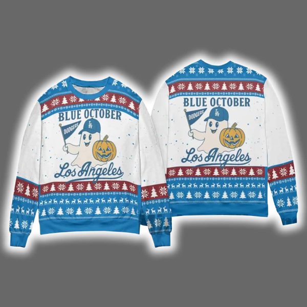 2025 Dodgers Blue October Ghost Ugly Christmas Sweater 4