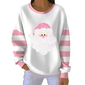 Casual Santa Claus Pink Print Pit Striped Sweatshirt
