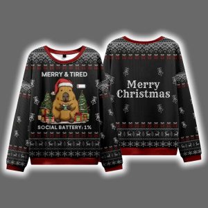 Capybara Merry & Tired Social Battery 1% Ugly Christmas Sweater