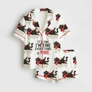 It's Fine I'm Fine Everything Is Fine Christmas Cat Satin Pajama Set