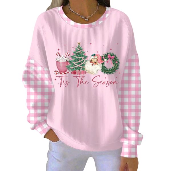 Casual Christmas Tis The Season Print Long Sleeve Pink Pit Striped Sweatshirt