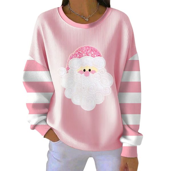Casual Santa Claus Pink Print Pit Striped Sweatshirt 2