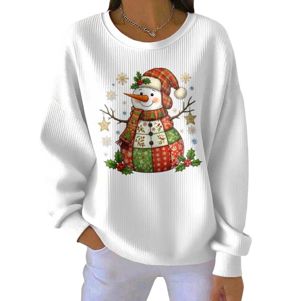 Casual Snowman Print Long Sleeve Pit Striped Sweatshirt