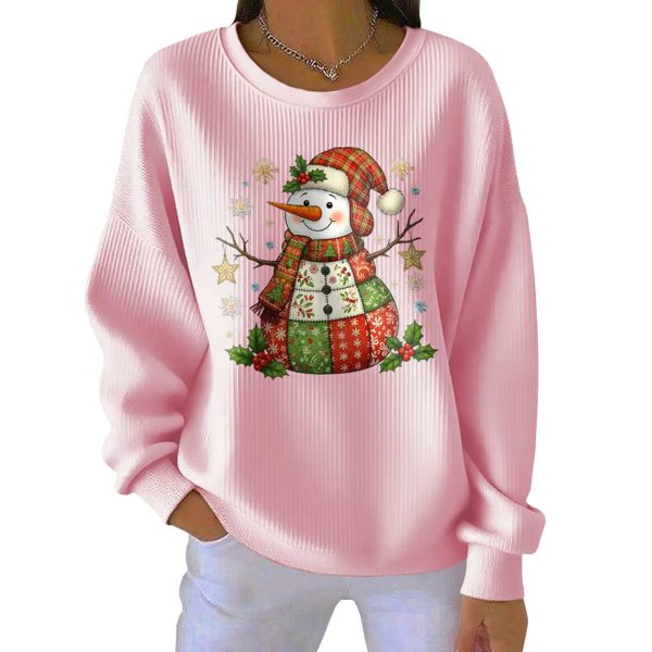Casual Snowman Print Long Sleeve Pit Striped Sweatshirt 2
