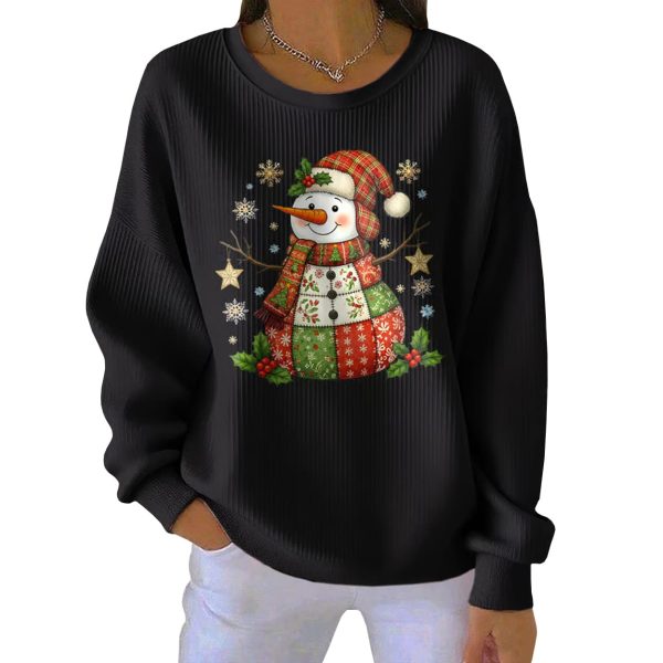 Casual Snowman Print Long Sleeve Pit Striped Sweatshirt 3