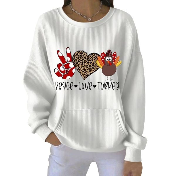 Casual Thanksgiving Peace Love Turkey Print Ribbed Round-Neck Sweatshirt