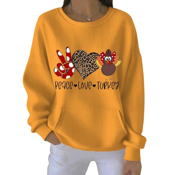 Casual Thanksgiving Peace Love Turkey Print Ribbed Round Neck Sweatshirt 2