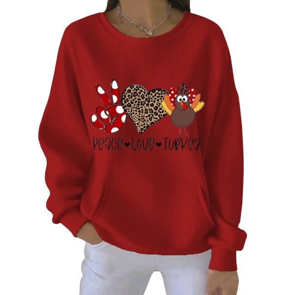 Casual Thanksgiving Peace Love Turkey Print Ribbed Round Neck Sweatshirt 3