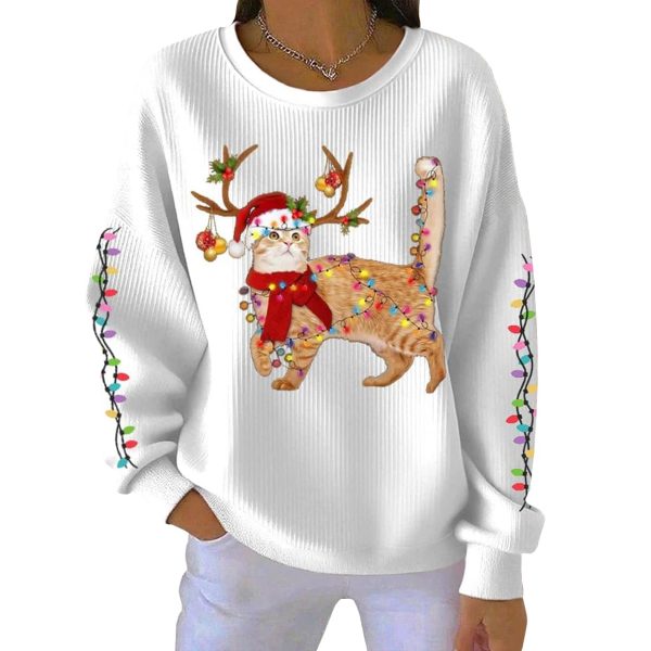 Christmas Cat Wearing Santa Hat Ribbed Pit Striped Round Neck Sweatshirt 2