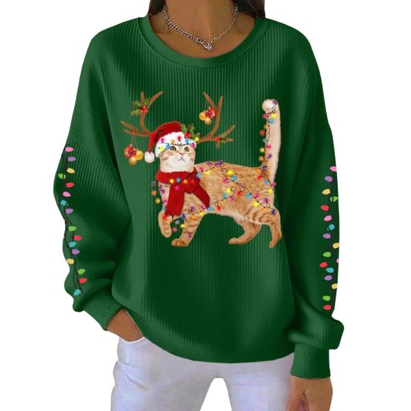 Christmas Cat Wearing Santa Hat Ribbed Pit Striped Round Neck Sweatshirt 3