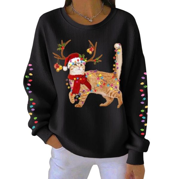 Christmas Cat Wearing Santa Hat Ribbed Pit Striped Round Neck Sweatshirt 4