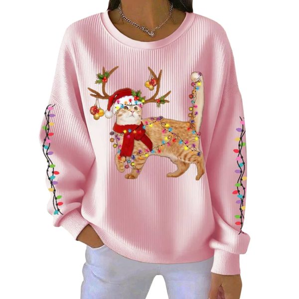 Christmas Cat Wearing Santa Hat Ribbed Pit Striped Round Neck Sweatshirt 5