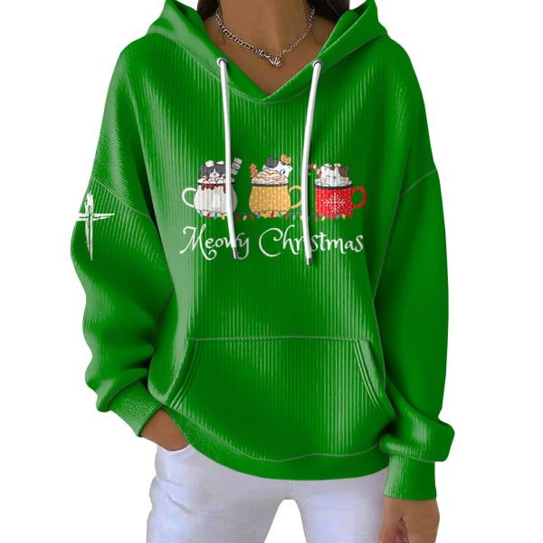 Christmas Cute Cat Merry Christmas Print Pit Striped Hoodie