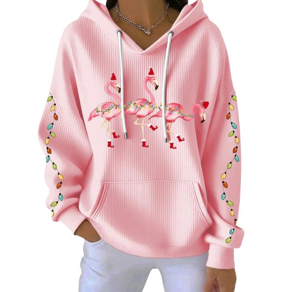 Christmas Flamingo Print Casual Pit Striped Hoodie