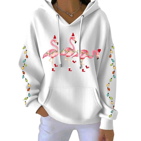 Christmas Flamingo Print Casual Pit Striped Hoodie 2