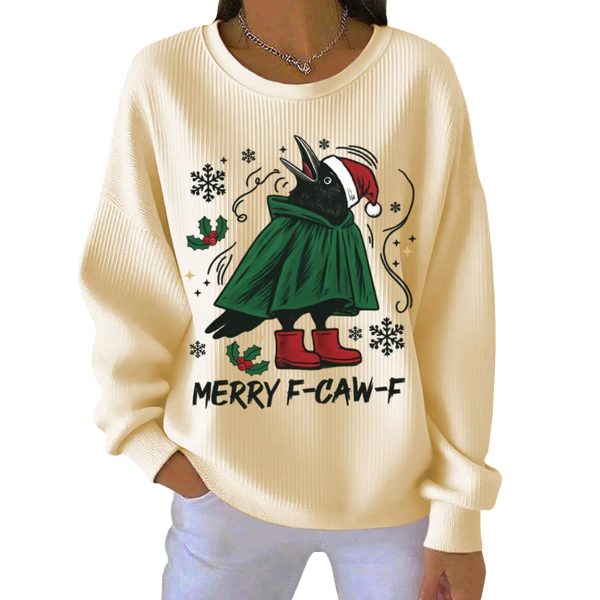 Christmas Greetings Crow Calling Merry F Caw F Pit Striped Sweatshirt 5