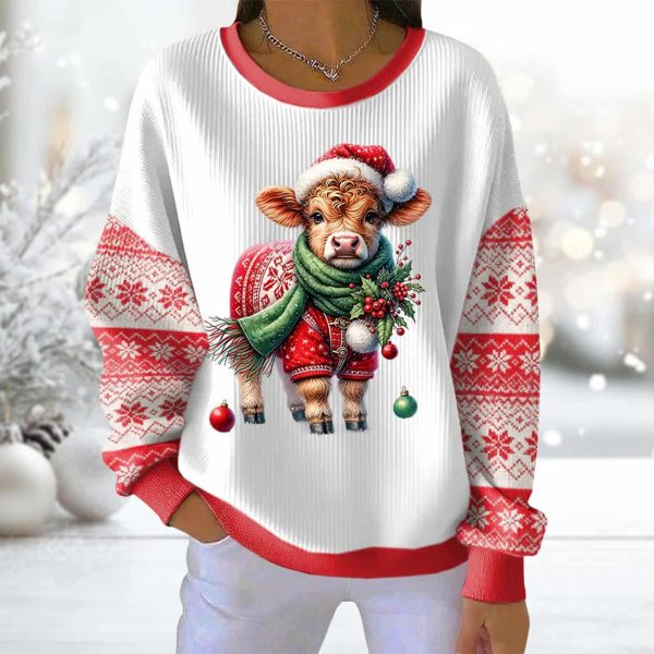 Christmas Highland Cattle Ribbed Pit Striped Round Neck Sweatshirt 2