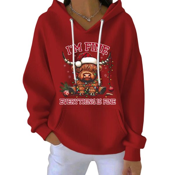 Christmas Highland Cow I'm Fine Everything Is Fine Pit Striped Hoodie