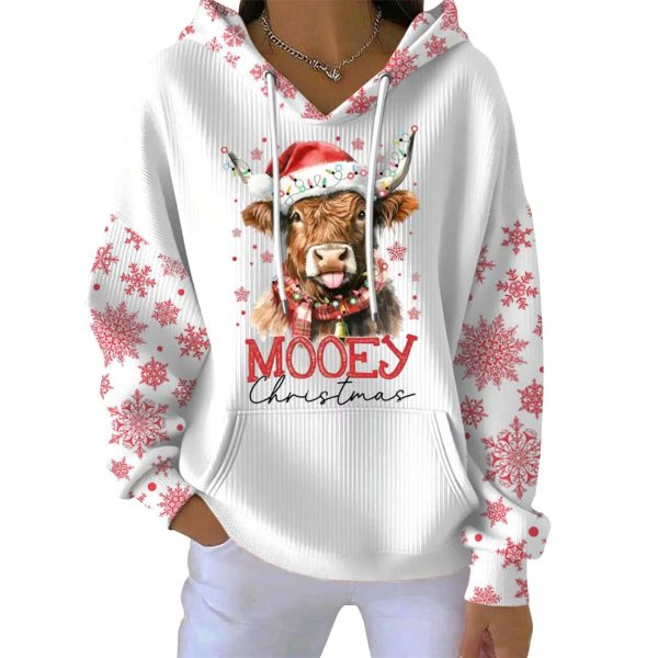 Christmas Highland Cow MOOEY Christmas Print Pit Striped Hoodie