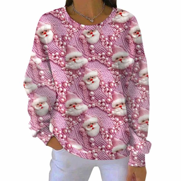 Christmas Pink Santa Claus Pearl Print Casual Pit Striped Sweatshirt