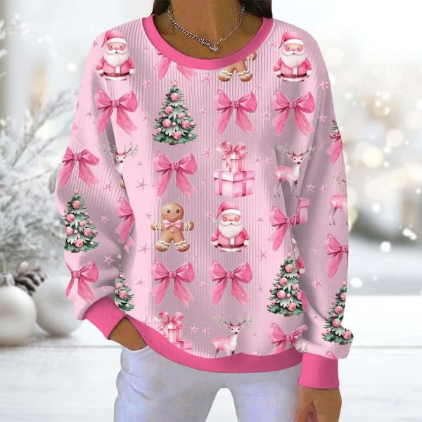 Christmas Pink Santa Claus Ribbon Bow Ginger Man Pit Striped Sweatshirt 2