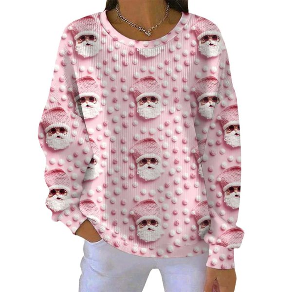Christmas Pink Santa Claus Wool Round-Neck Pit Striped Sweatshirt