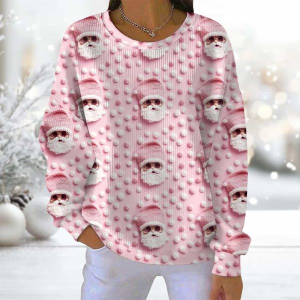 Christmas Pink Santa Claus Wool Round Neck Pit Striped Sweatshirt 2