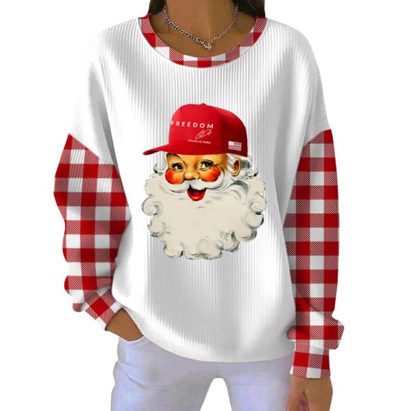 Christmas Santa Claus Freedom Charlie Kirk Hat Print Ribbed Round Neck Sweatshirt 2