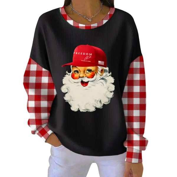 Christmas Santa Claus Freedom Charlie Kirk Hat Print Ribbed Round Neck Sweatshirt 3